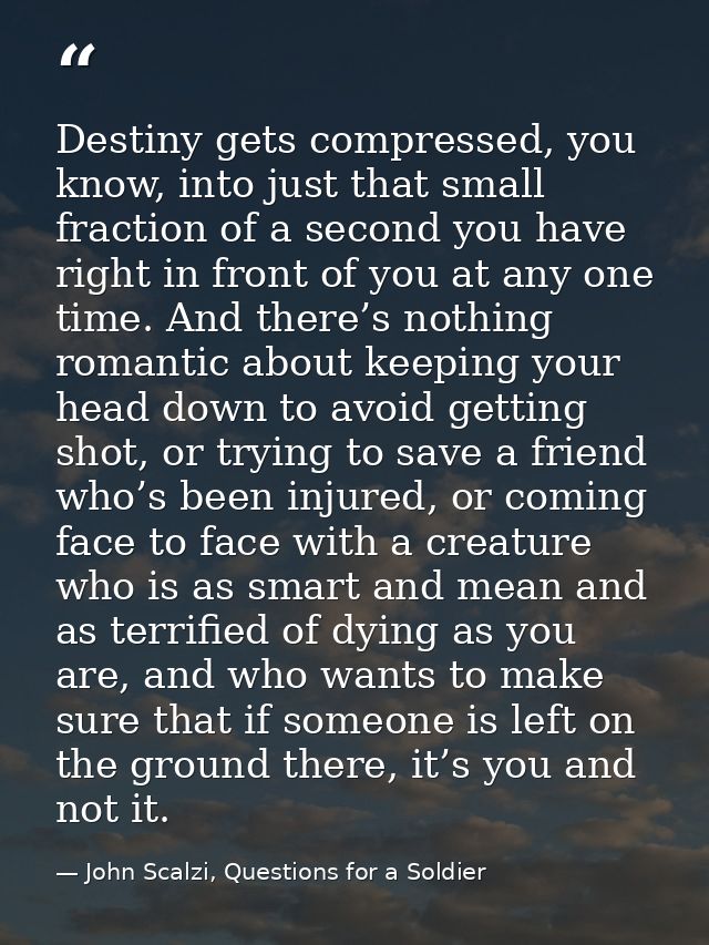 Destiny gets compressed, you know, into just that small fraction of a second you have right in front of you at any one t — John Scalzi, Questions for a Soldier