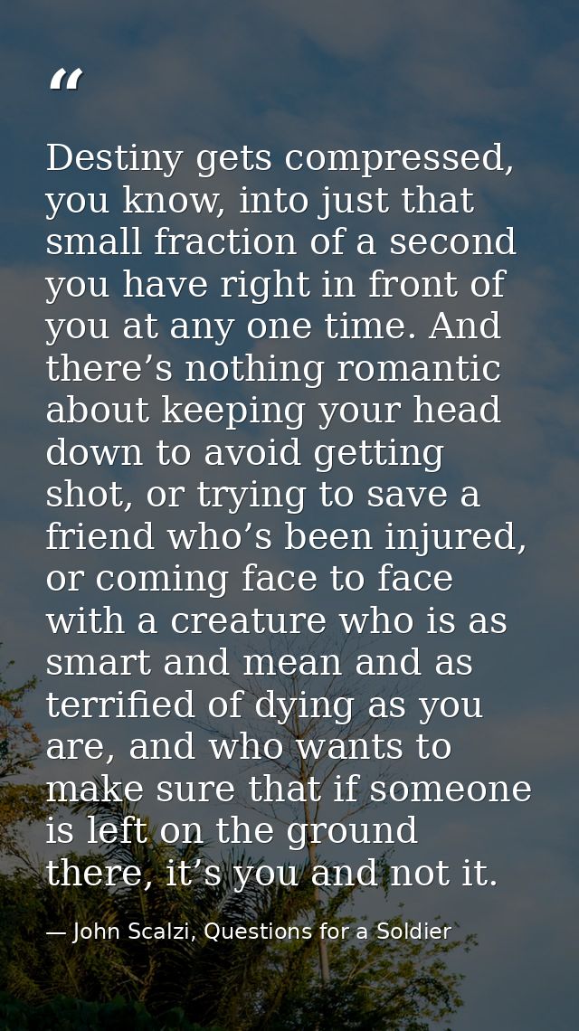 Destiny gets compressed, you know, into just that small fraction of a second you have right in front of you at any one t — John Scalzi, Questions for a Soldier