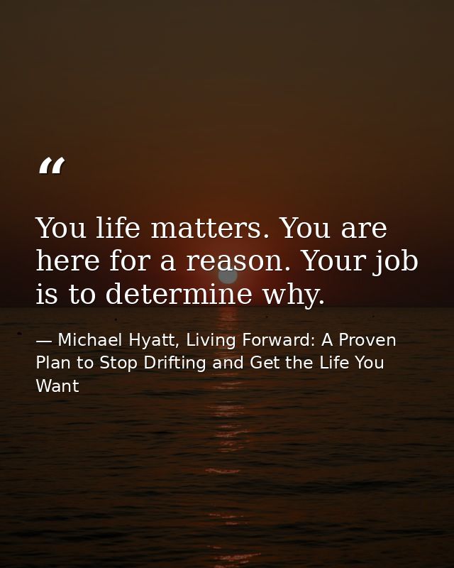 You life matters. You are here for a reason. Your job is to determine why. — Michael Hyatt, Living Forward: A Proven Plan to Stop Drifting and Get the Life You Want