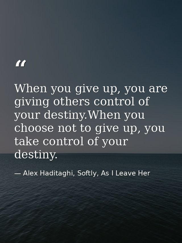 When you give up, you are giving others control of your destiny.When you choose not to give up, you take control of your — Alex Haditaghi, Softly, As I Leave Her