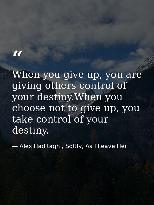 When you give up, you are giving others control of your destiny.When you choose not to give up, you take control of your — Alex Haditaghi, Softly, As I Leave Her