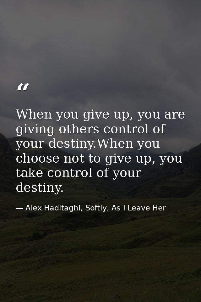 When you give up, you are giving others control of your destiny.When you choose not to give up, you take control of your — Alex Haditaghi, Softly, As I Leave Her