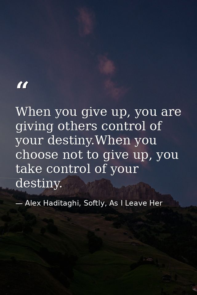 When you give up, you are giving others control of your destiny.When you choose not to give up, you take control of your — Alex Haditaghi, Softly, As I Leave Her