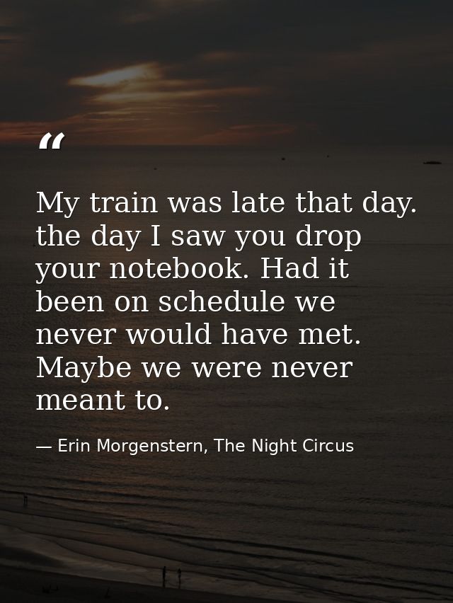 My train was late that day. the day I saw you drop your notebook. Had it been on schedule we never would have met. Maybe — Erin Morgenstern, The Night Circus