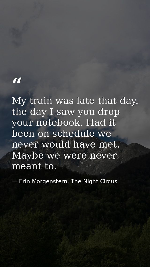 My train was late that day. the day I saw you drop your notebook. Had it been on schedule we never would have met. Maybe — Erin Morgenstern, The Night Circus