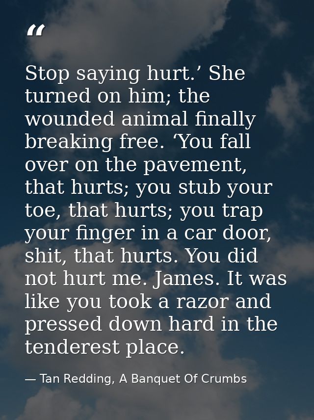 Stop saying hurt.’ She turned on him; the wounded animal finally breaking free. ‘You fall over on the pavement, that hur — Tan Redding, A Banquet Of Crumbs