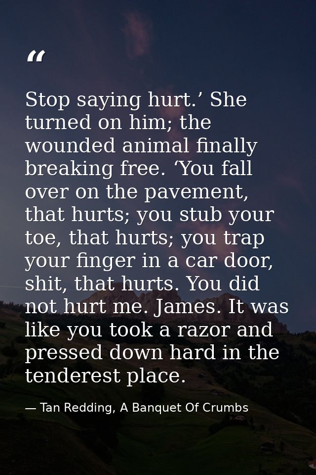 Stop saying hurt.’ She turned on him; the wounded animal finally breaking free. ‘You fall over on the pavement, that hur — Tan Redding, A Banquet Of Crumbs