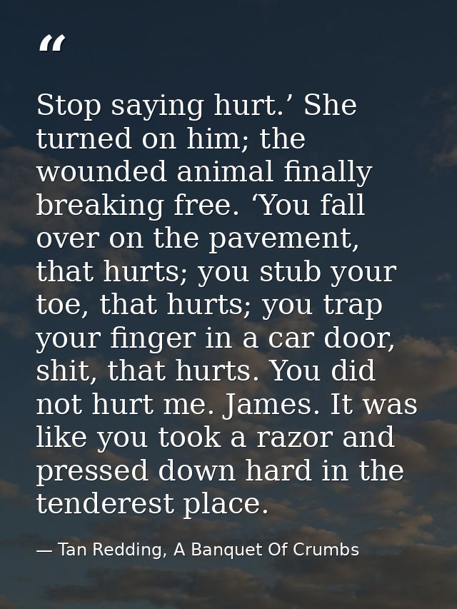 Stop saying hurt.’ She turned on him; the wounded animal finally breaking free. ‘You fall over on the pavement, that hur — Tan Redding, A Banquet Of Crumbs