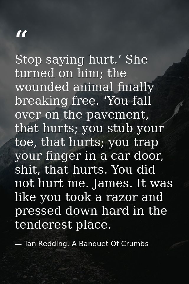 Stop saying hurt.’ She turned on him; the wounded animal finally breaking free. ‘You fall over on the pavement, that hur — Tan Redding, A Banquet Of Crumbs