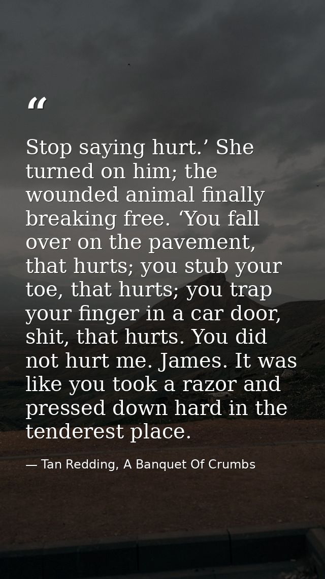 Stop saying hurt.’ She turned on him; the wounded animal finally breaking free. ‘You fall over on the pavement, that hur — Tan Redding, A Banquet Of Crumbs