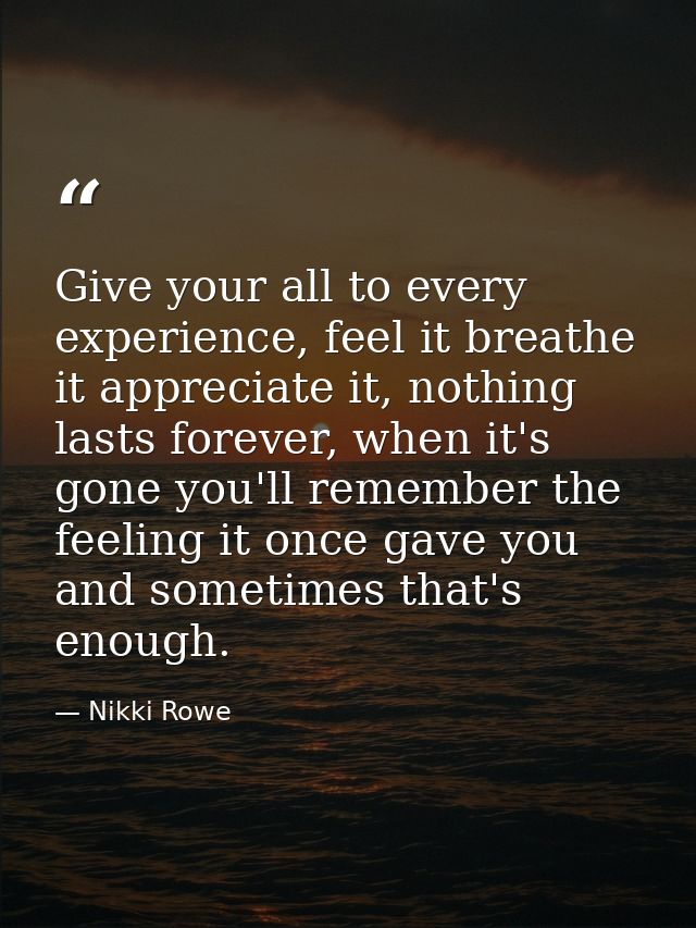 Give your all to every experience, feel it breathe it appreciate it, nothing lasts forever, when it's gone you'll rememb — Nikki Rowe