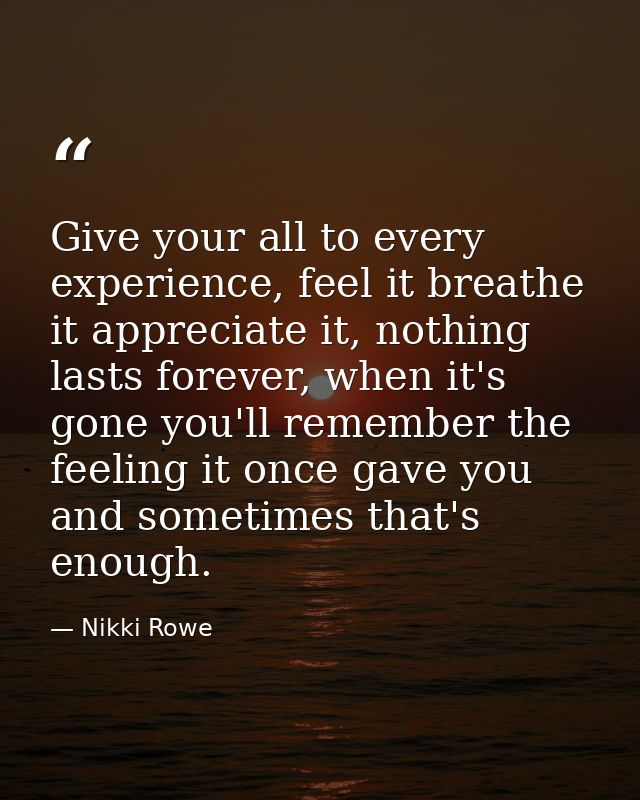 Give your all to every experience, feel it breathe it appreciate it, nothing lasts forever, when it's gone you'll rememb — Nikki Rowe