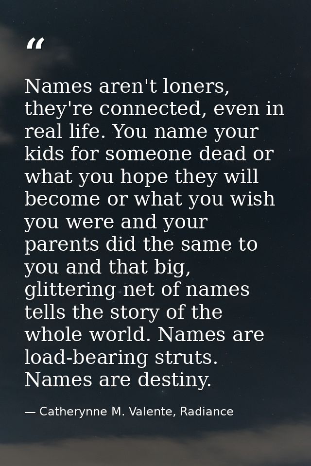 Names aren't loners, they're connected, even in real life. You name your kids for someone dead or what you hope they wil — Catherynne M. Valente, Radiance