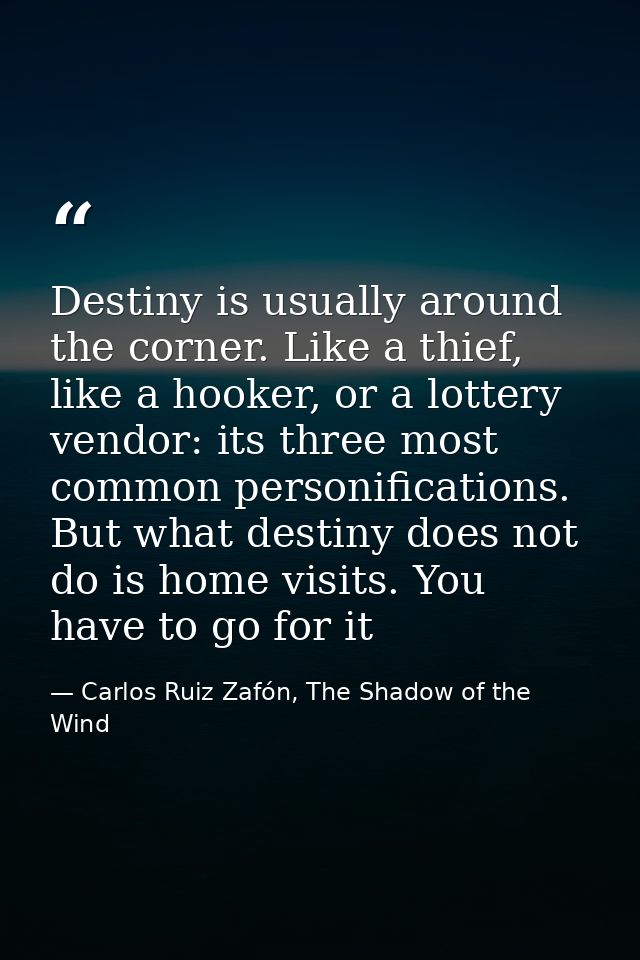 Destiny is usually around the corner. Like a thief, like a hooker, or a lottery vendor: its three most common personific — Carlos Ruiz Zafón, The Shadow of the Wind