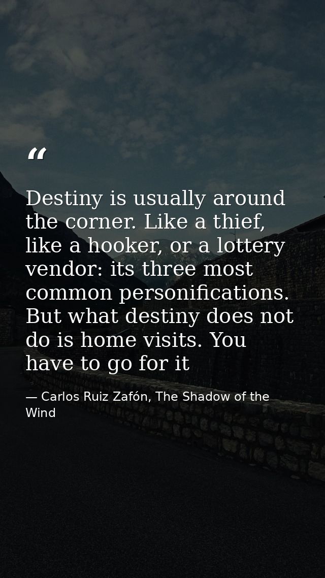 Destiny is usually around the corner. Like a thief, like a hooker, or a lottery vendor: its three most common personific — Carlos Ruiz Zafón, The Shadow of the Wind