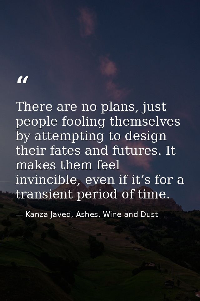 There are no plans, just people fooling themselves by attempting to design their fates and futures. It makes them feel i — Kanza Javed, Ashes, Wine and Dust