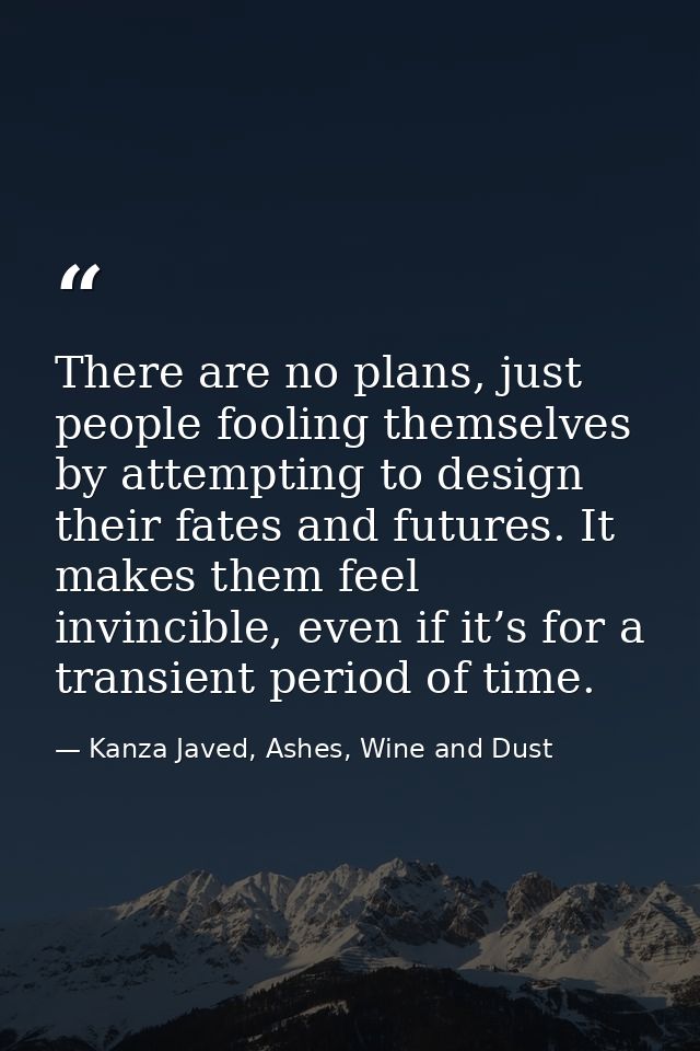 There are no plans, just people fooling themselves by attempting to design their fates and futures. It makes them feel i — Kanza Javed, Ashes, Wine and Dust