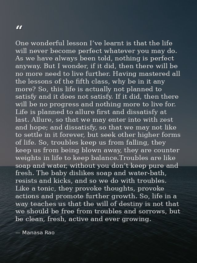 One wonderful lesson I’ve learnt is that the life will never become perfect whatever you may do. As we have always been  — Manasa Rao