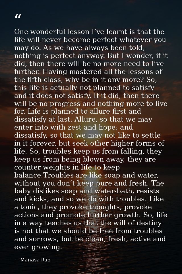 One wonderful lesson I’ve learnt is that the life will never become perfect whatever you may do. As we have always been  — Manasa Rao