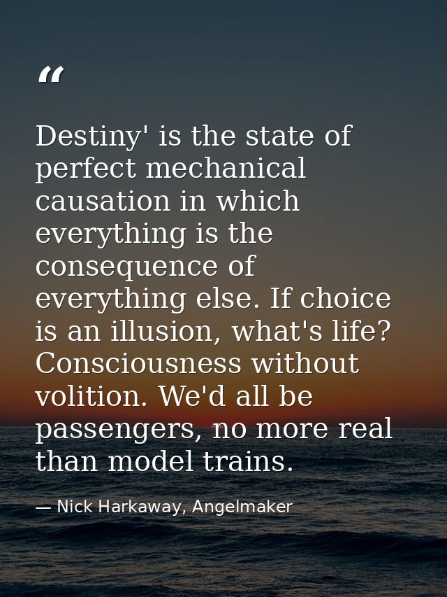 Destiny' is the state of perfect mechanical causation in which everything is the consequence of everything else. If choi — Nick Harkaway, Angelmaker