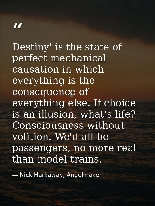 Destiny' is the state of perfect mechanical causation in which everything is the consequence of everything else. If choi — Nick Harkaway, Angelmaker
