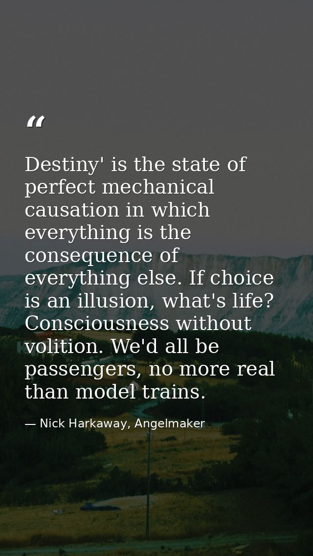 Destiny' is the state of perfect mechanical causation in which everything is the consequence of everything else. If choi — Nick Harkaway, Angelmaker
