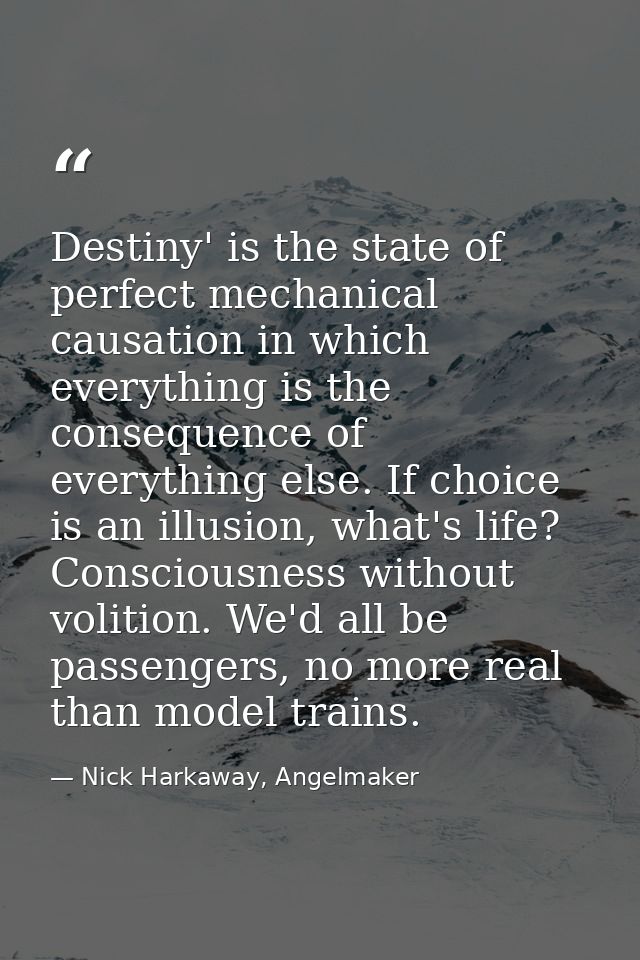 Destiny' is the state of perfect mechanical causation in which everything is the consequence of everything else. If choi — Nick Harkaway, Angelmaker