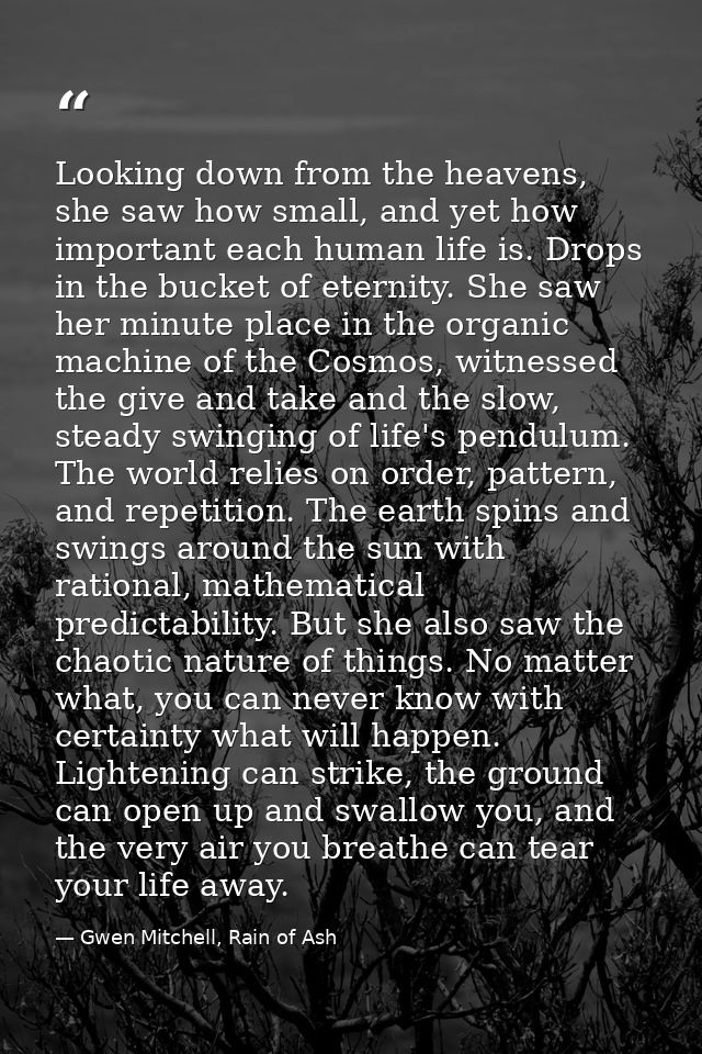 Looking down from the heavens, she saw how small, and yet how important each human life is. Drops in the bucket of etern — Gwen Mitchell, Rain of Ash