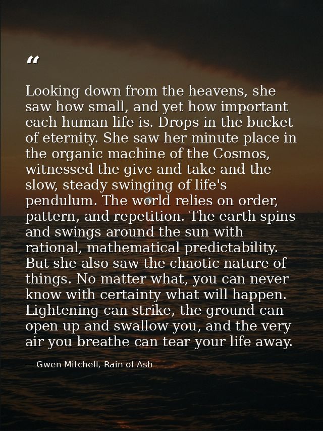 Looking down from the heavens, she saw how small, and yet how important each human life is. Drops in the bucket of etern — Gwen Mitchell, Rain of Ash