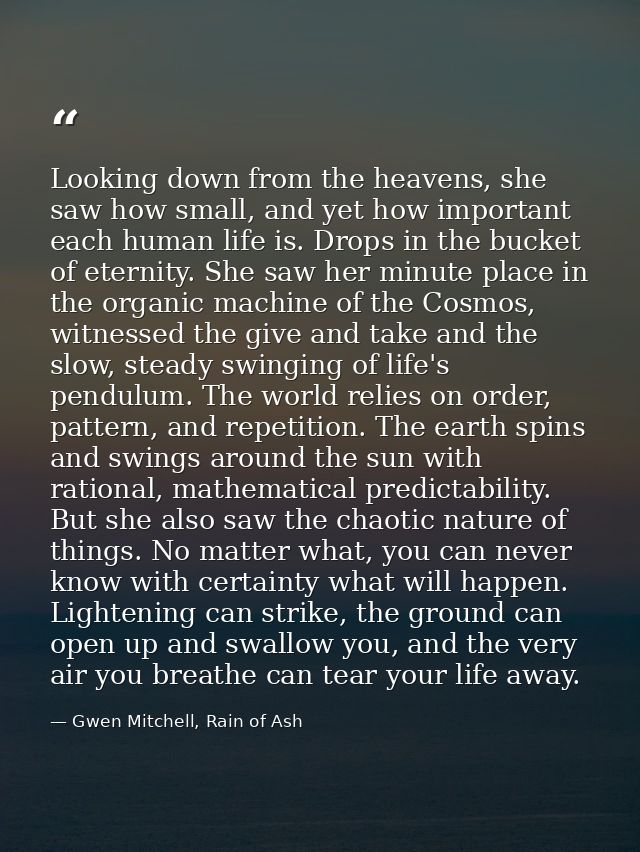 Looking down from the heavens, she saw how small, and yet how important each human life is. Drops in the bucket of etern — Gwen Mitchell, Rain of Ash