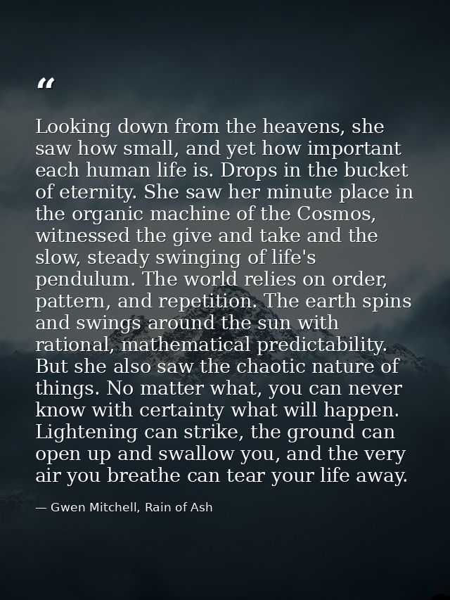 Looking down from the heavens, she saw how small, and yet how important each human life is. Drops in the bucket of etern — Gwen Mitchell, Rain of Ash