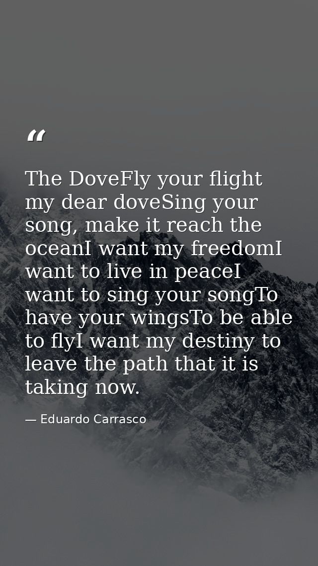 The DoveFly your flight my dear doveSing your song, make it reach the oceanI want my freedomI want to live in peaceI wan — Eduardo Carrasco