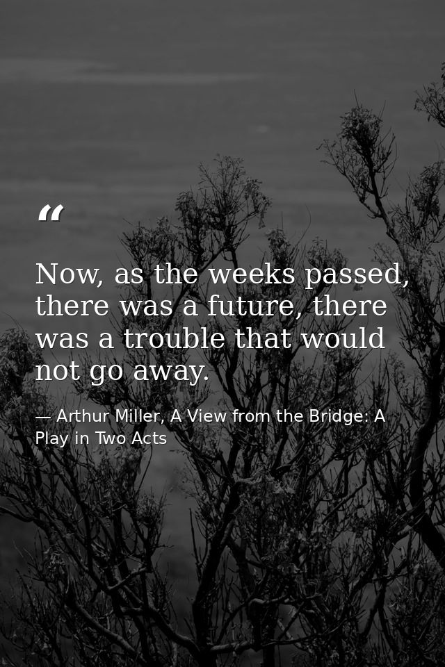 Now, as the weeks passed, there was a future, there was a trouble that would not go away. — Arthur Miller, A View from the Bridge: A Play in Two Acts