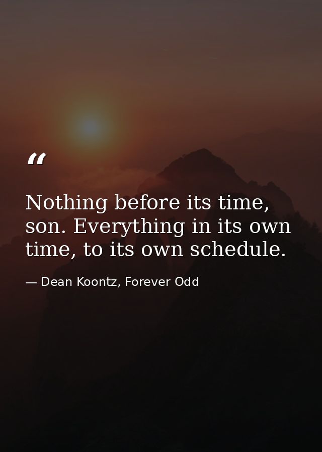 Nothing before its time, son. Everything in its own time, to its own schedule. — Dean Koontz, Forever Odd
