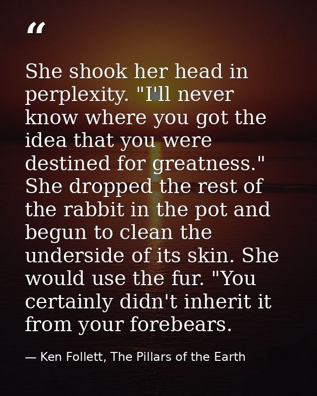 She shook her head in perplexity. "I'll never know where you got the idea that you were destined for greatness." She dro — Ken Follett, The Pillars of the Earth