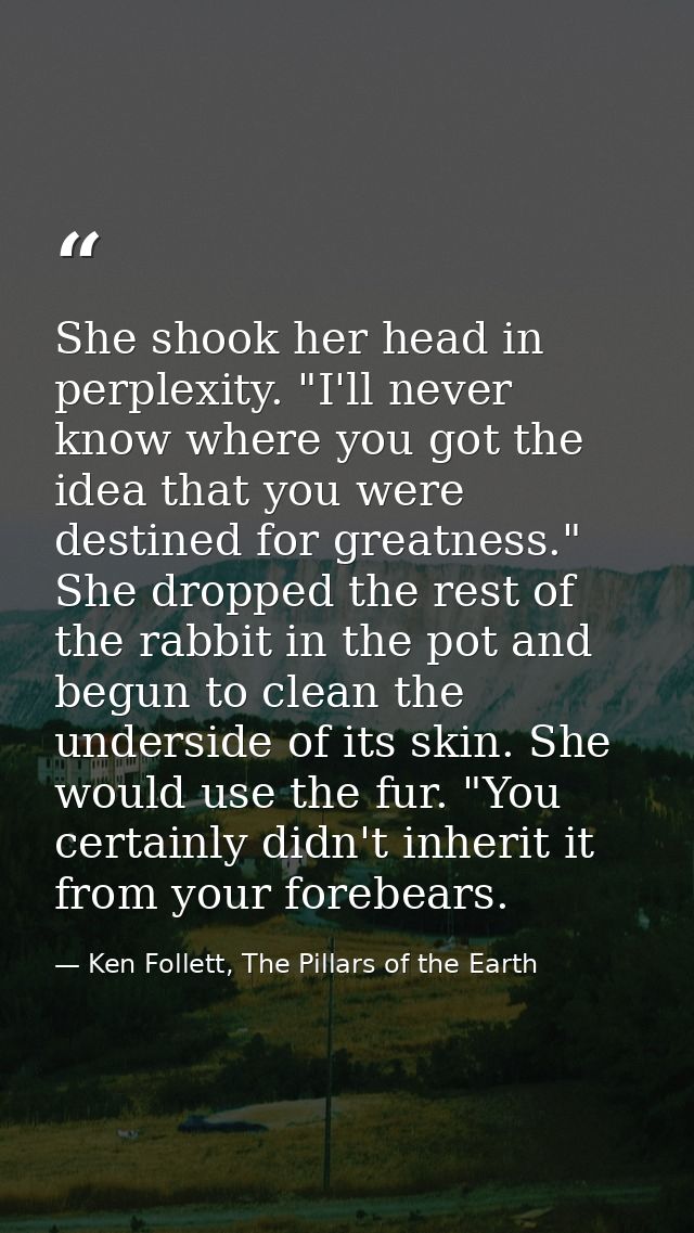 She shook her head in perplexity. "I'll never know where you got the idea that you were destined for greatness." She dro — Ken Follett, The Pillars of the Earth