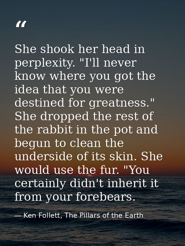 She shook her head in perplexity. "I'll never know where you got the idea that you were destined for greatness." She dro — Ken Follett, The Pillars of the Earth