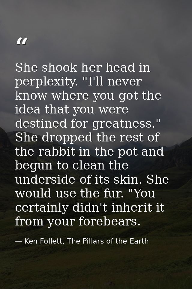 She shook her head in perplexity. "I'll never know where you got the idea that you were destined for greatness." She dro — Ken Follett, The Pillars of the Earth