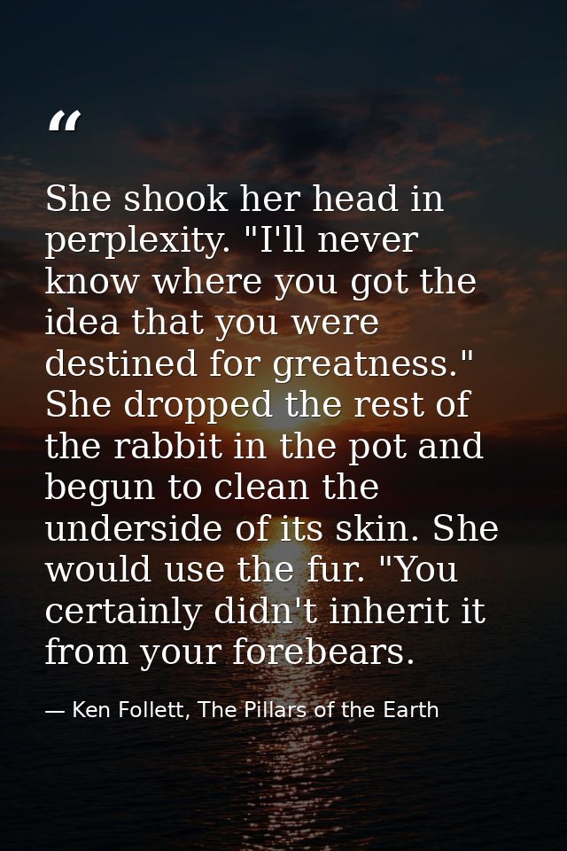 She shook her head in perplexity. "I'll never know where you got the idea that you were destined for greatness." She dro — Ken Follett, The Pillars of the Earth