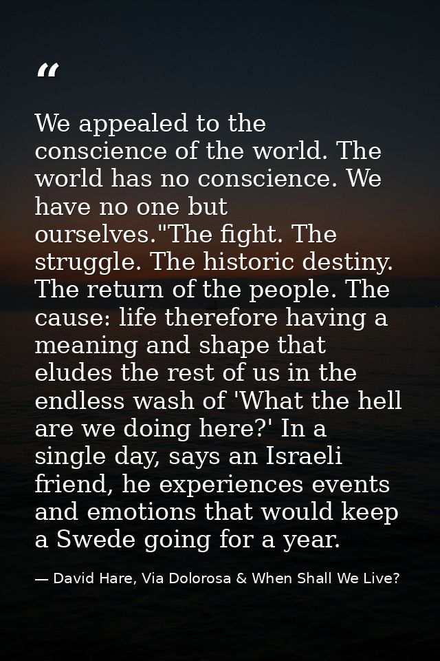 We appealed to the conscience of the world. The world has no conscience. We have no one but ourselves."The fight. The st — David Hare, Via Dolorosa & When Shall We Live?