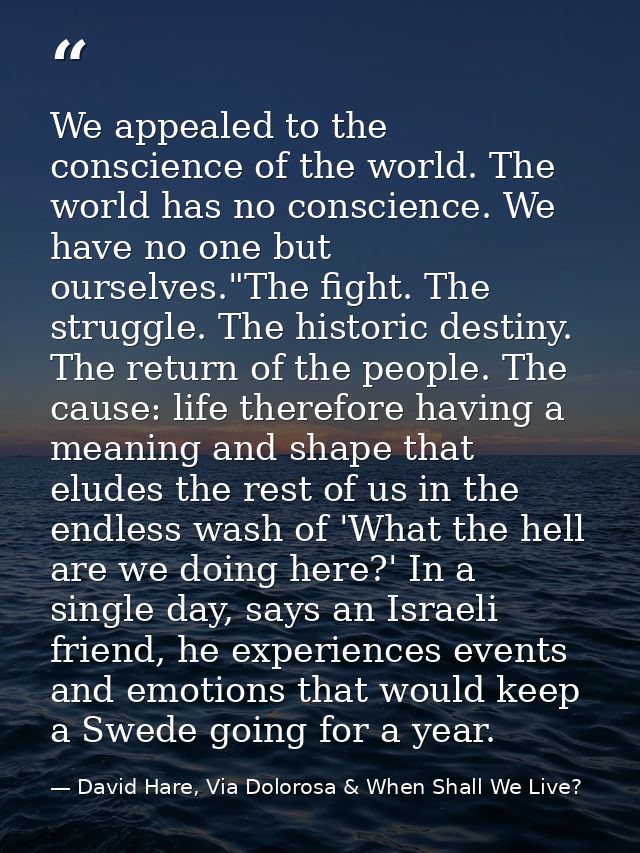 We appealed to the conscience of the world. The world has no conscience. We have no one but ourselves."The fight. The st — David Hare, Via Dolorosa & When Shall We Live?