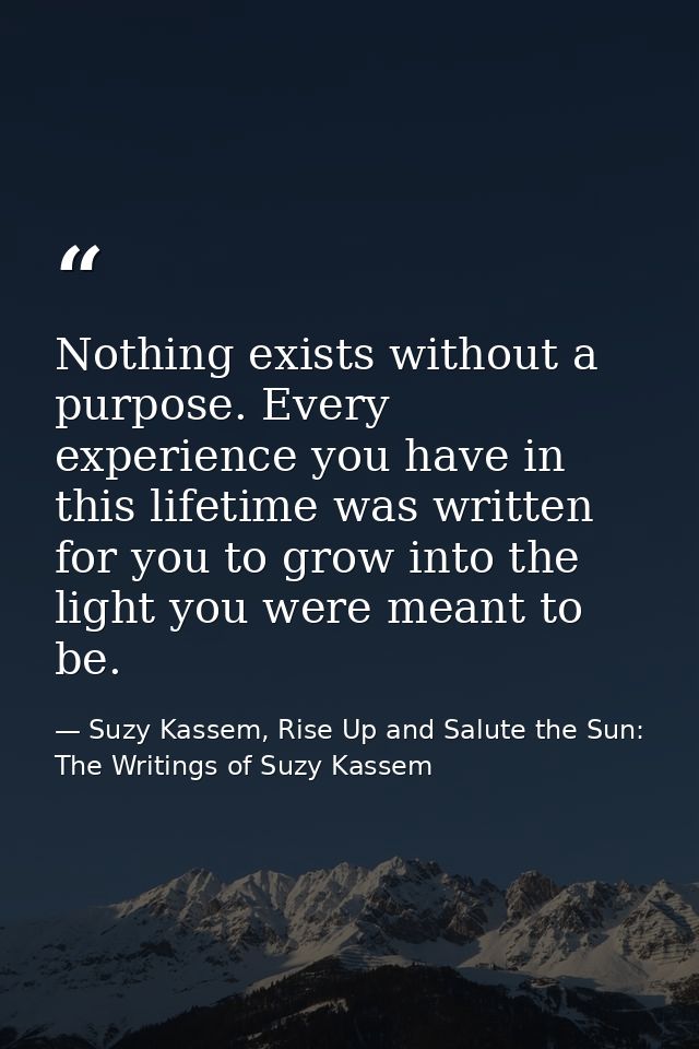 Nothing exists without a purpose. Every experience you have in this lifetime was written for you to grow into the light  — Suzy Kassem, Rise Up and Salute the Sun: The Writings of Suzy Kassem