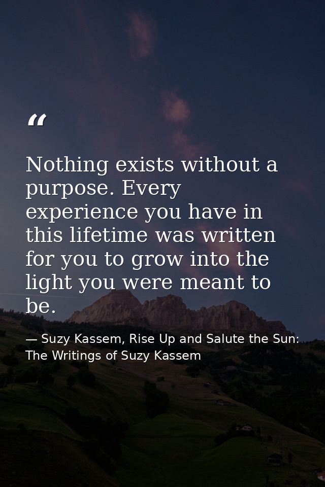 Nothing exists without a purpose. Every experience you have in this lifetime was written for you to grow into the light  — Suzy Kassem, Rise Up and Salute the Sun: The Writings of Suzy Kassem