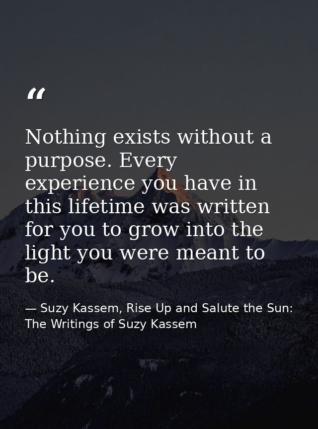 Nothing exists without a purpose. Every experience you have in this lifetime was written for you to grow into the light  — Suzy Kassem, Rise Up and Salute the Sun: The Writings of Suzy Kassem