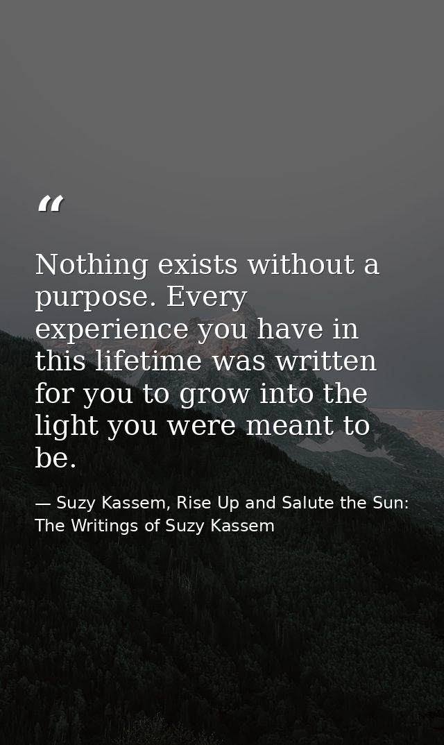 Nothing exists without a purpose. Every experience you have in this lifetime was written for you to grow into the light  — Suzy Kassem, Rise Up and Salute the Sun: The Writings of Suzy Kassem