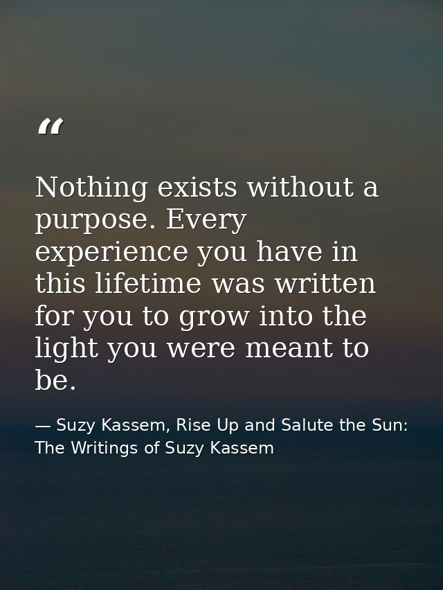 Nothing exists without a purpose. Every experience you have in this lifetime was written for you to grow into the light  — Suzy Kassem, Rise Up and Salute the Sun: The Writings of Suzy Kassem