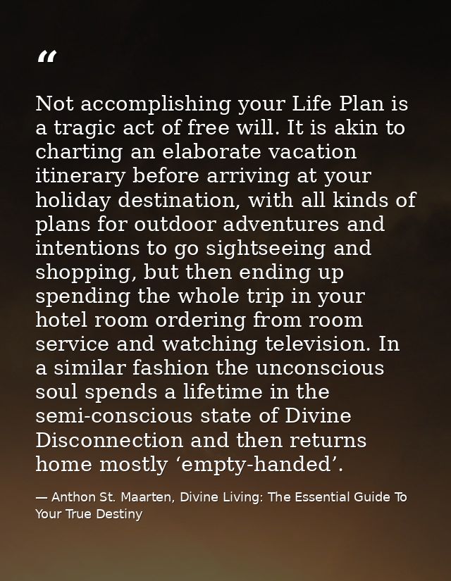 Not accomplishing your Life Plan is a tragic act of free will. It is akin to charting an elaborate vacation itinerary be — Anthon St. Maarten, Divine Living: The Essential Guide To Your True Destiny
