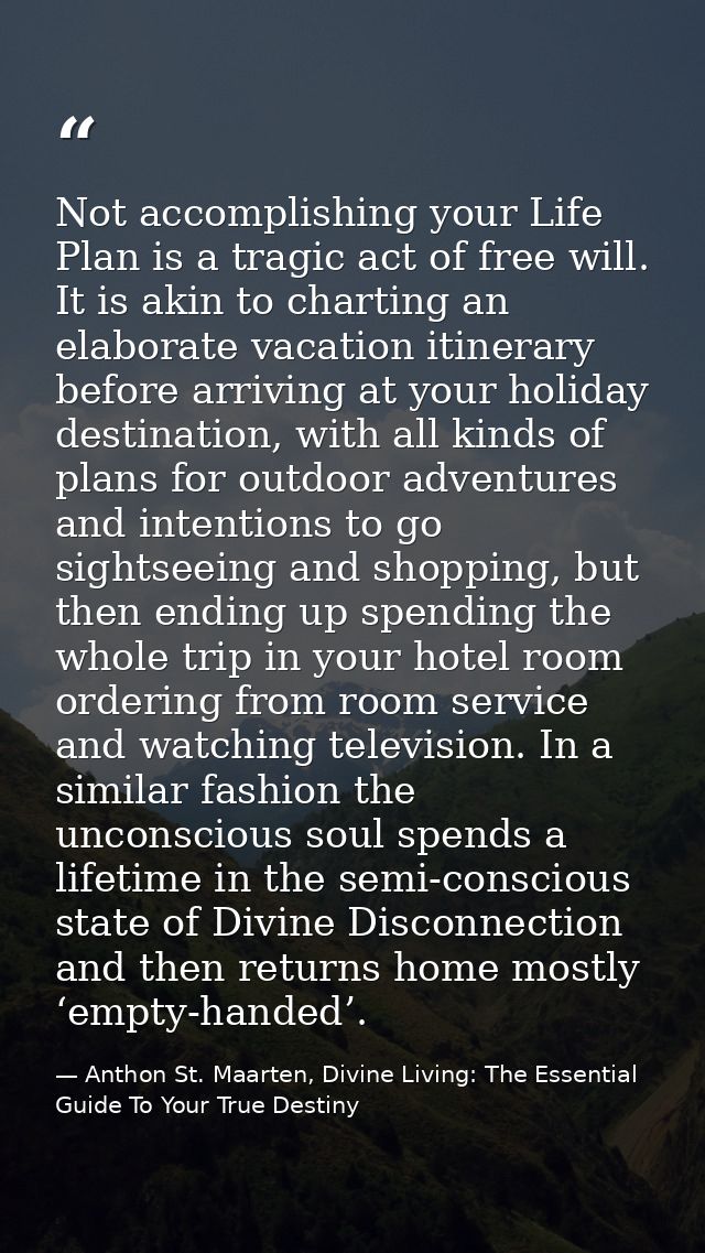 Not accomplishing your Life Plan is a tragic act of free will. It is akin to charting an elaborate vacation itinerary be — Anthon St. Maarten, Divine Living: The Essential Guide To Your True Destiny