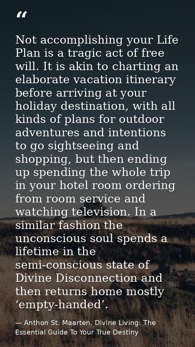 Not accomplishing your Life Plan is a tragic act of free will. It is akin to charting an elaborate vacation itinerary be — Anthon St. Maarten, Divine Living: The Essential Guide To Your True Destiny