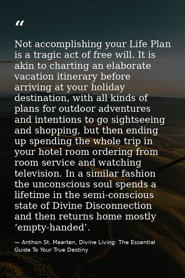 Not accomplishing your Life Plan is a tragic act of free will. It is akin to charting an elaborate vacation itinerary be — Anthon St. Maarten, Divine Living: The Essential Guide To Your True Destiny